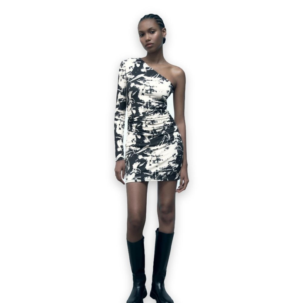 Zara Printed Asymmetrical One Shoulder Mini Dress Black & White Print US L